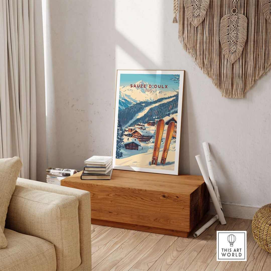 Sauze d'Oulx Ski Print displayed in a cozy living room, showcasing stunning mountain scenery and vintage skiing vibes.