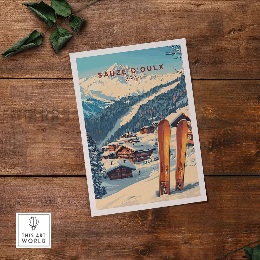 Sauze d'Oulx Ski Print featuring snowy slopes and skis, capturing the essence of Italy's ski resort charm.