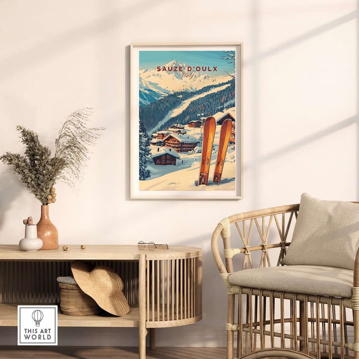 Sauze d'Oulx ski print framed on a wall, showcasing snowy mountains and vintage skis in a cozy interior setting.