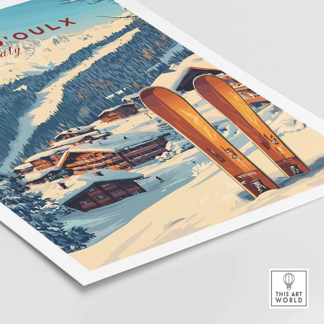 Sauze d'Oulx Ski Print featuring vintage skis and snow-covered slopes of the Italian ski resort, ideal for winter enthusiasts.