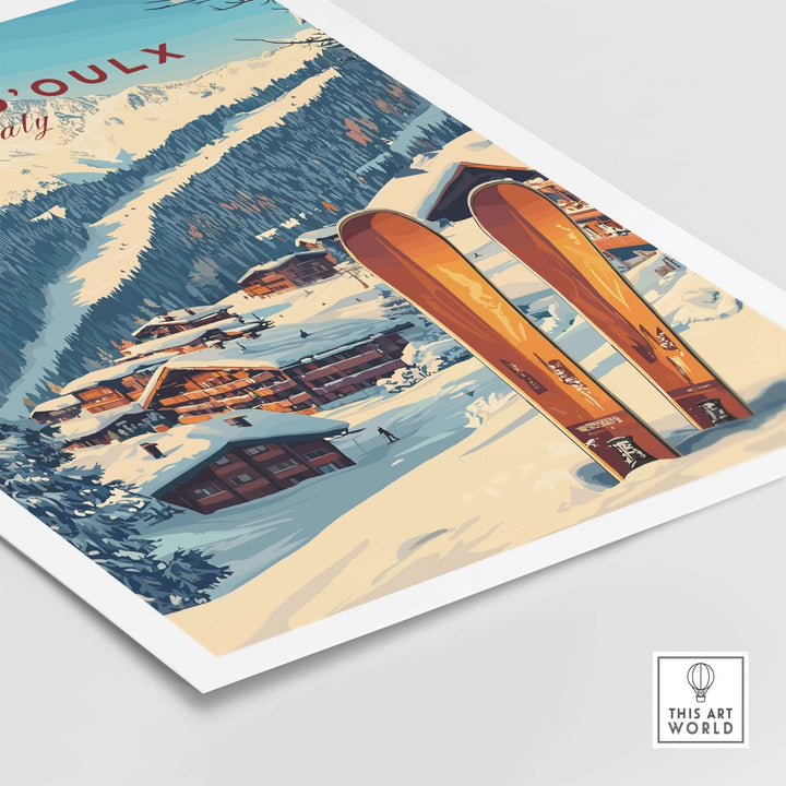 Sauze d'Oulx Ski Print featuring vintage skis and snow-covered slopes of the Italian ski resort, ideal for winter enthusiasts.