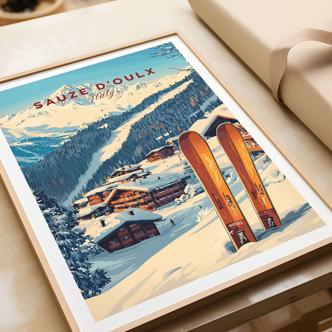 Sauze d'Oulx Ski Print showcasing snowy slopes, ski equipment, and picturesque alpine scenery in Italy. Perfect for winter lovers.