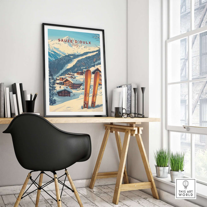 Sauze d'Oulx Ski Print displayed in a stylish home office, showcasing beautiful snowy slopes and vintage ski equipment.