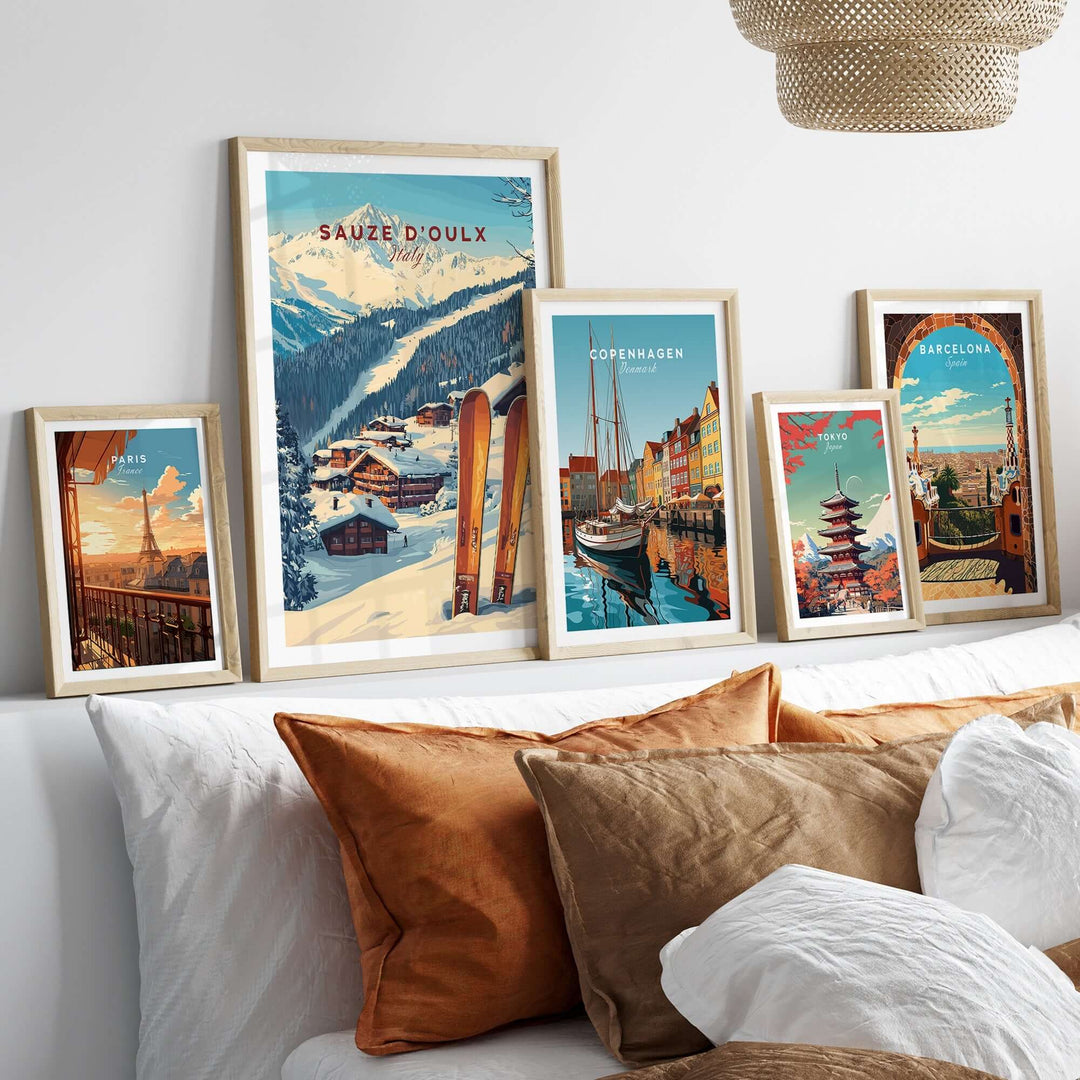 Sauze d'Oulx Ski Print displayed among other travel-themed artwork, bringing a winter vibe to a cozy living space.