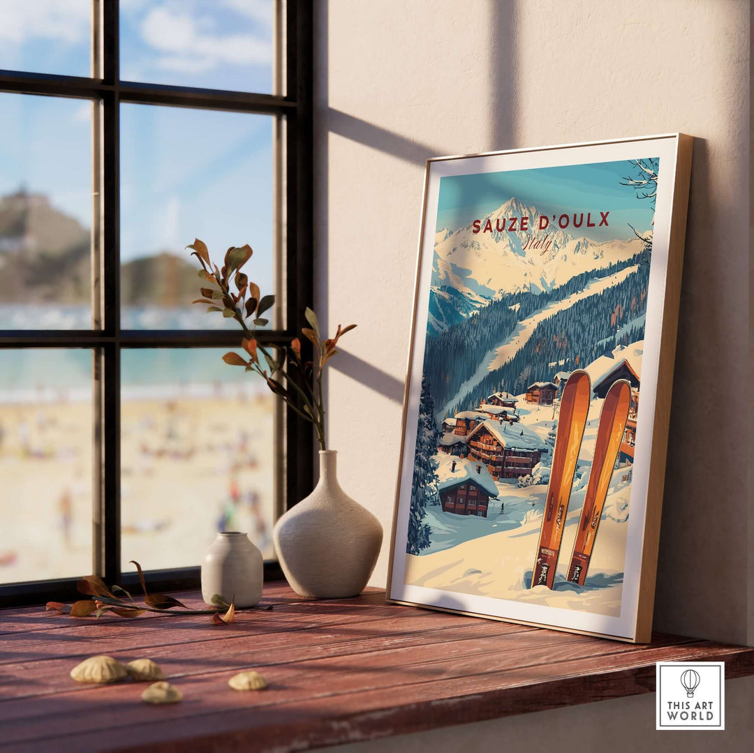 Sauze d'Oulx ski print framed on a windowsill, showcasing a winter landscape with skis and cozy chalets.