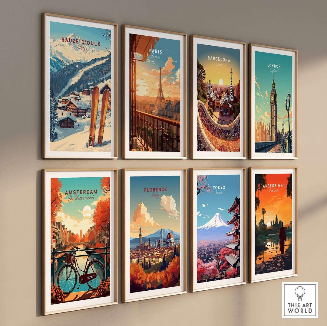 A vibrant display of city prints including Sauze d'Oulx, Paris, Barcelona, London, Amsterdam, Florence, Tokyo, and Angkor Wat.