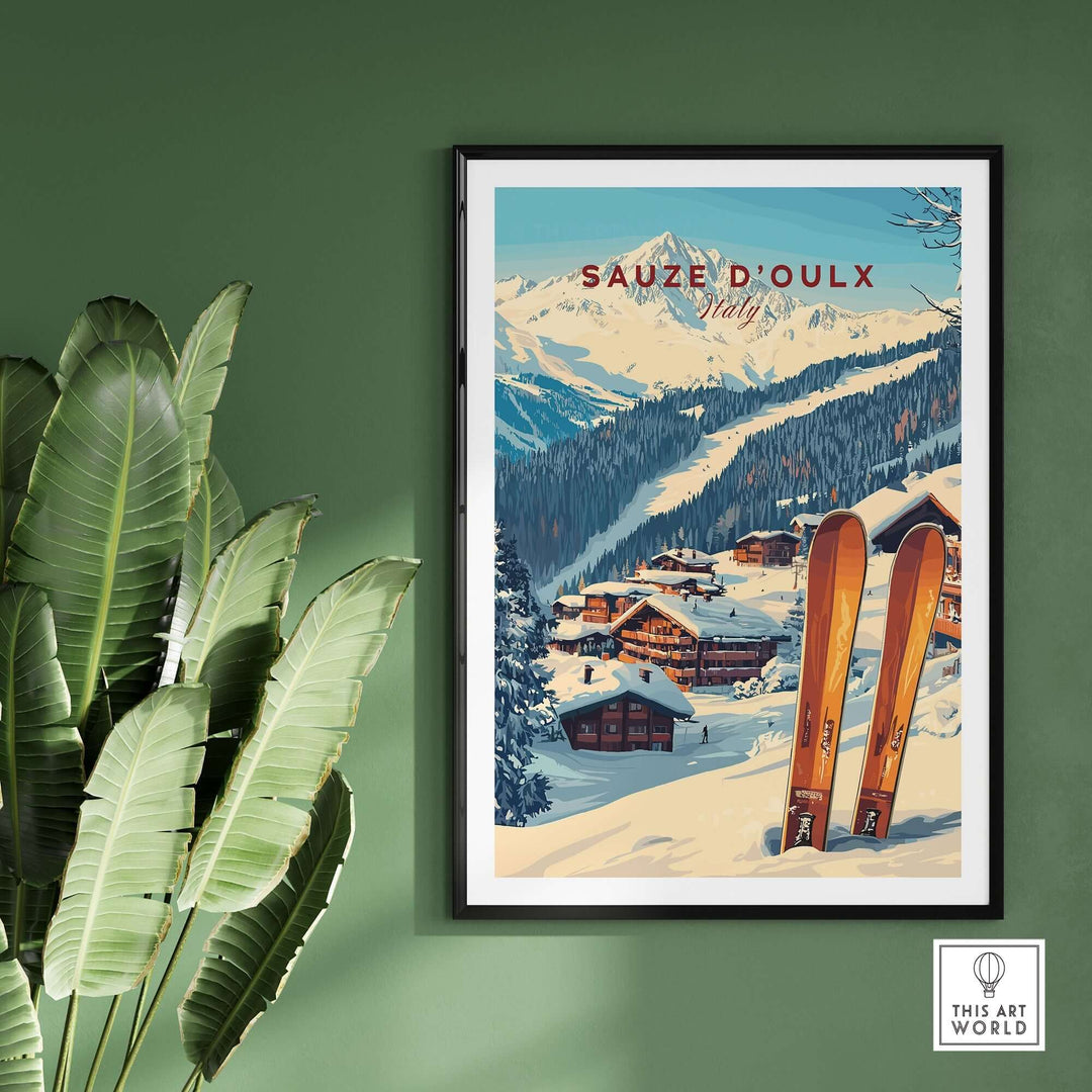 Sauze d'Oulx ski print featuring vintage-style skis and a picturesque winter landscape, perfect for ski enthusiasts.