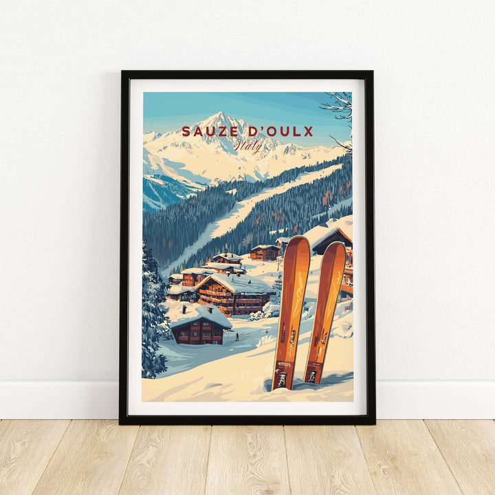 Sauze d'Oulx Ski Print featuring wooden skis against a stunning winter landscape, showcasing the beauty of the Italian ski resort.