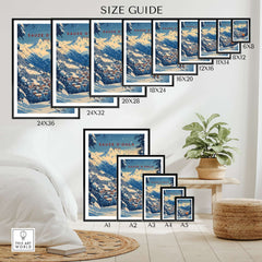 Size guide for Sauze d'Oulx Ski Wall Art prints, showcasing various frame dimensions for home decor options.