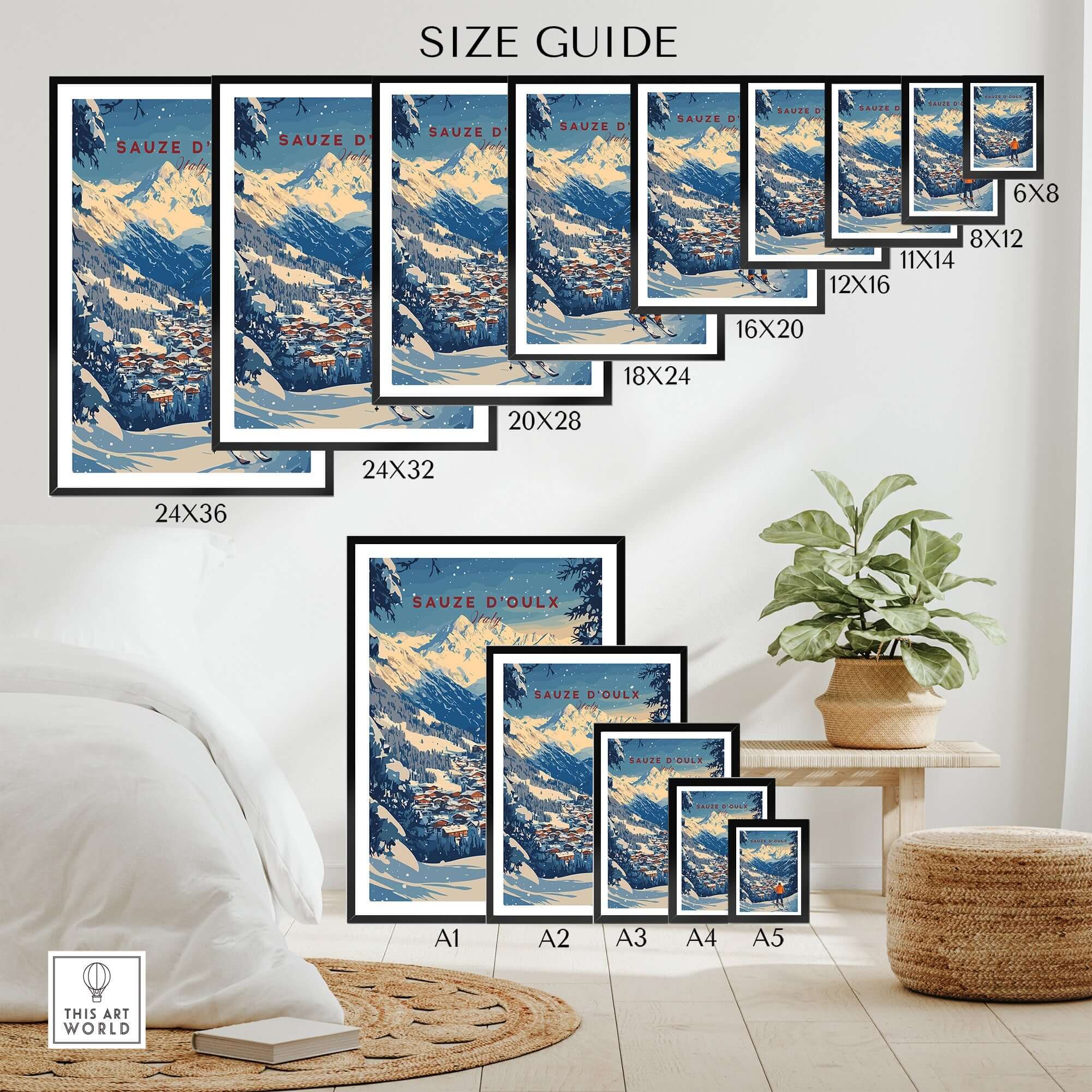 Size guide for Sauze d'Oulx Ski Wall Art prints, showcasing various frame dimensions for home decor options.