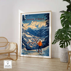 Sauze d'Oulx Ski Wall Art showcasing a skier overlooking a snowy mountain landscape, perfect for adding adventure to your home decor.