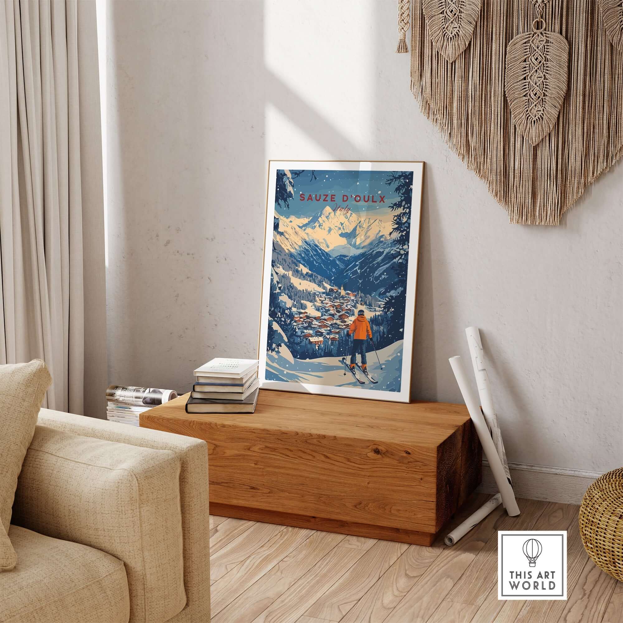 Sauze d'Oulx Ski Wall Art displayed in a stylish living room, capturing the essence of skiing and adventure.