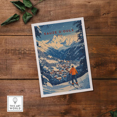 Sauze d'Oulx Ski Wall Art featuring a skier overlooking a picturesque snowy landscape with mountains.