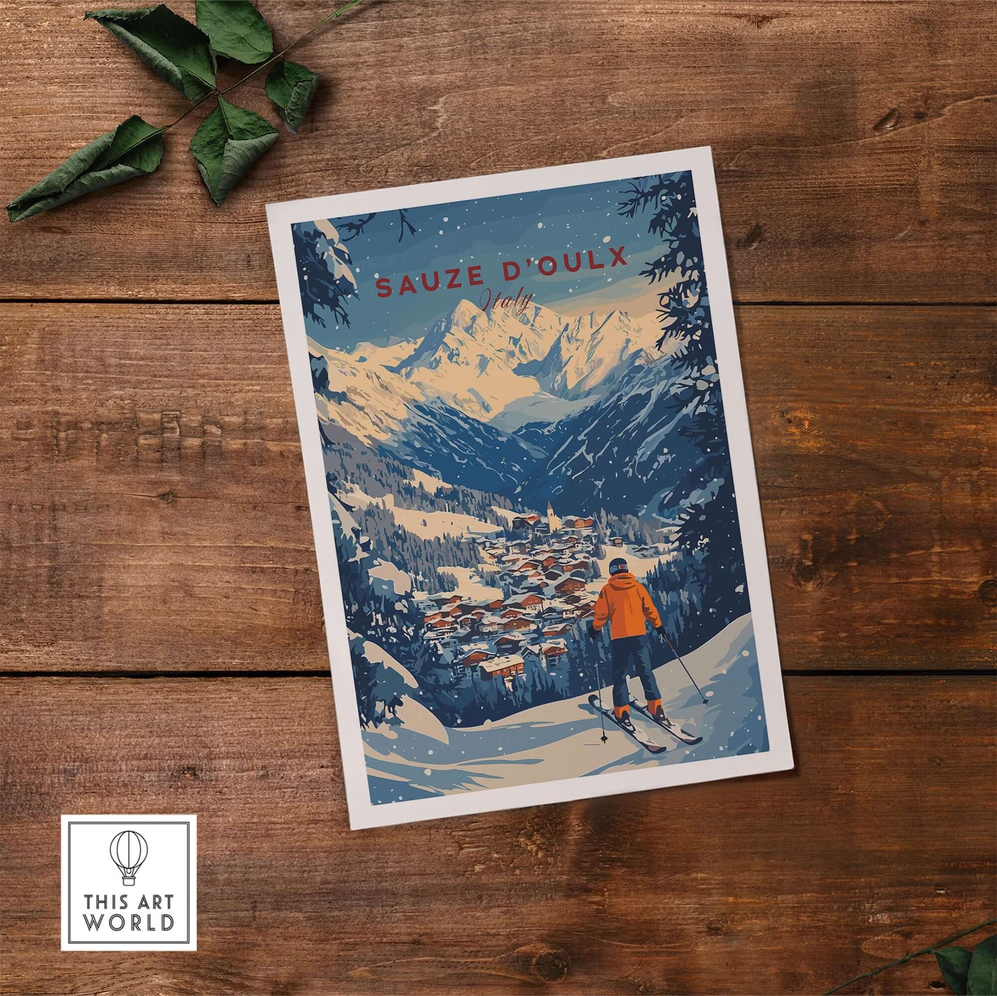 Sauze d'Oulx Ski Wall Art featuring a skier overlooking a picturesque snowy landscape with mountains.