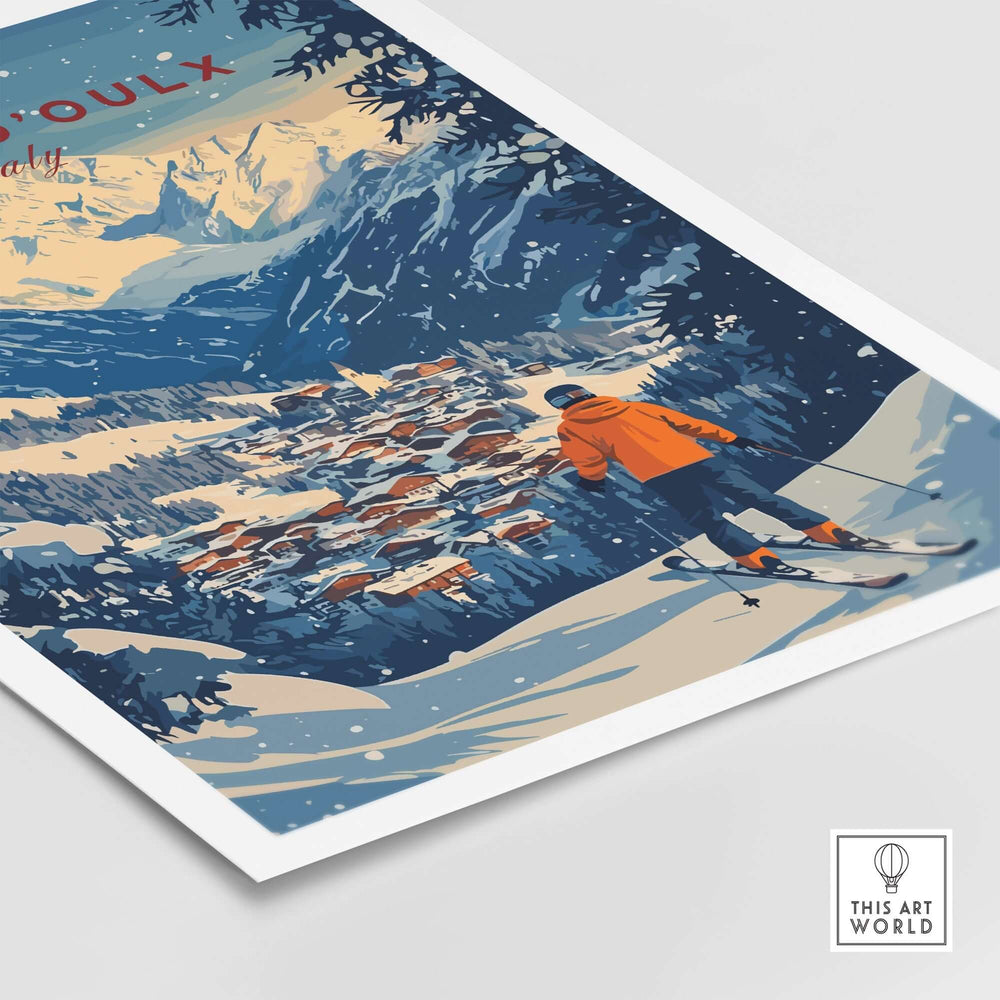 Sauze d'Oulx Ski Wall Art featuring a skier with a scenic mountain backdrop, capturing the thrill of winter sports.