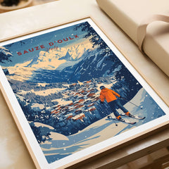 Sauze d'Oulx Ski Wall Art featuring a skier overlooking a snowy village and mountains, adding adventure to home decor.