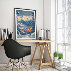Sauze d'Oulx Ski Wall Art displayed in a modern interior, featuring a skier in the mountains and a stylish workspace.