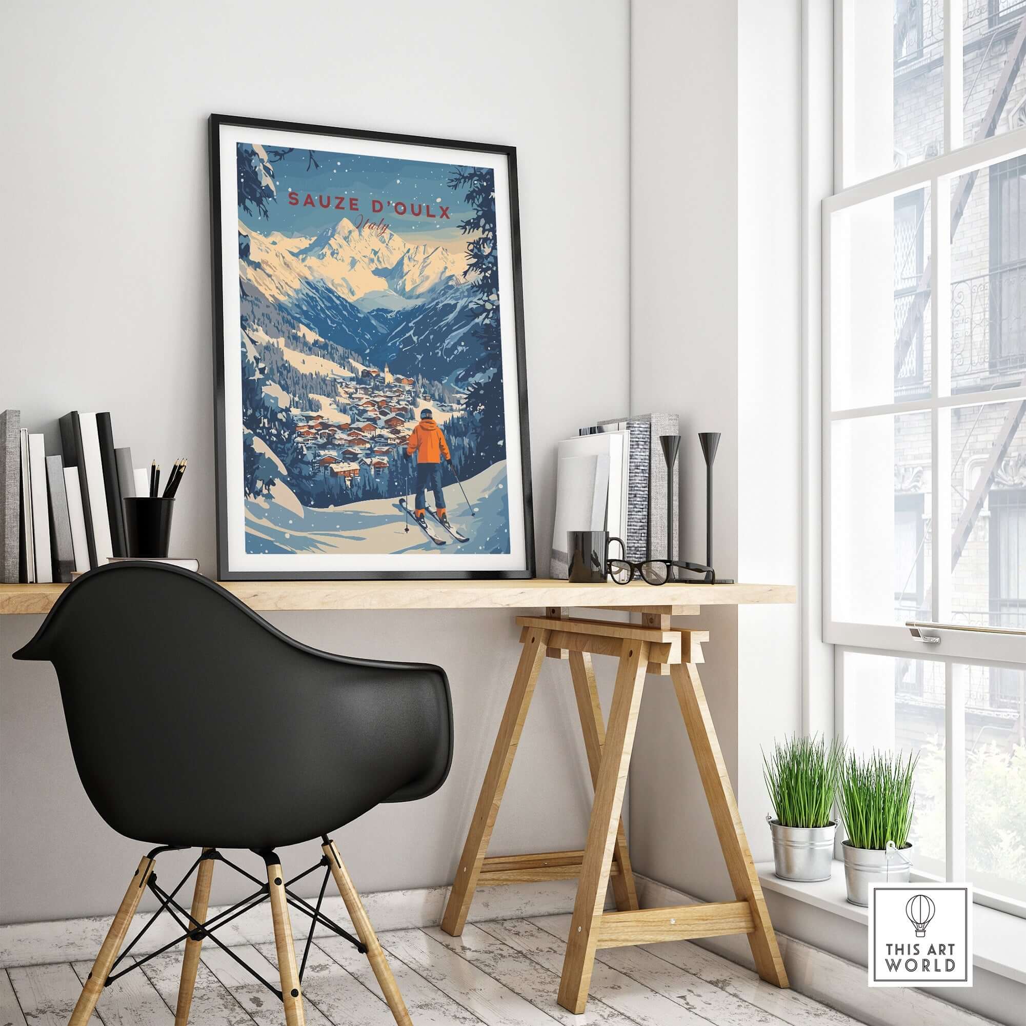 Sauze d'Oulx Ski Wall Art displayed in a modern interior, featuring a skier in the mountains and a stylish workspace.
