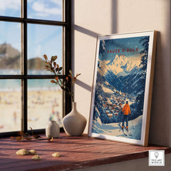 Sauze d'Oulx Ski Wall Art displayed in a cozy interior, capturing the thrill of skiing with mountain scenery and vibrant colors.