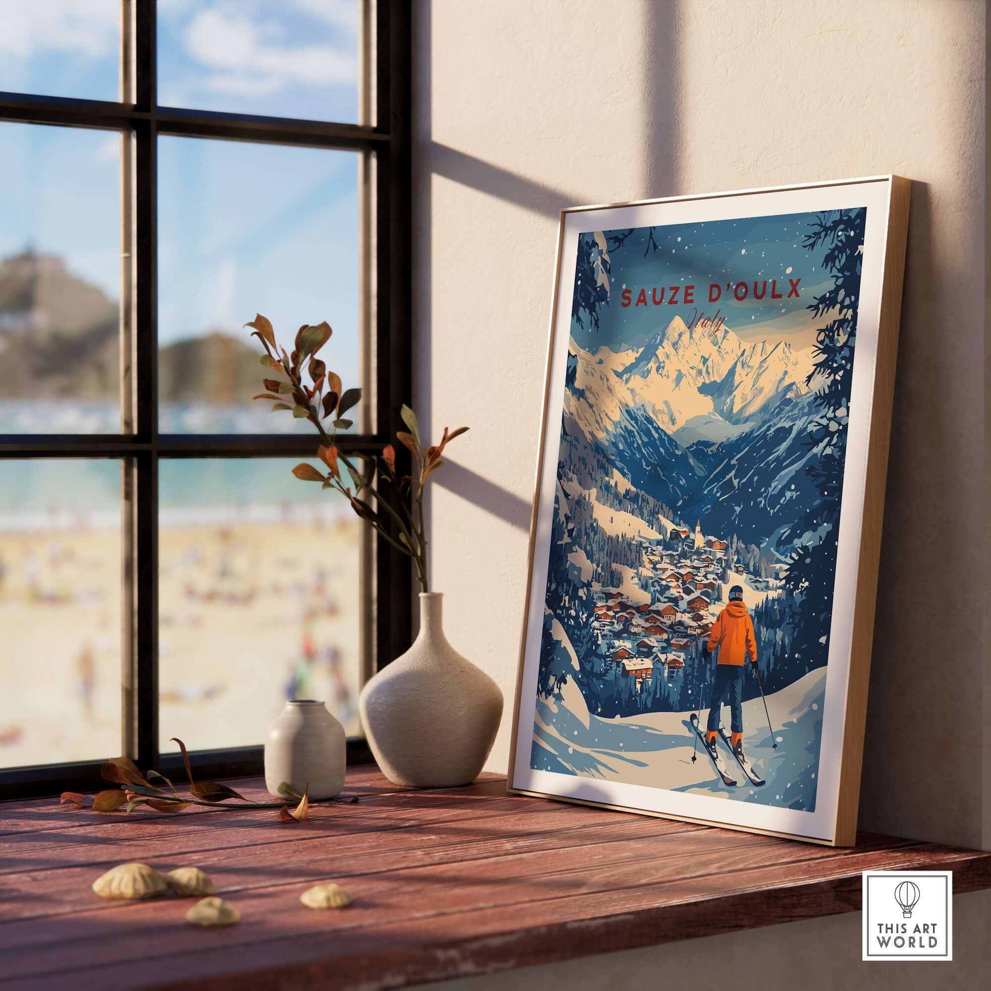 Sauze d'Oulx Ski Wall Art displayed in a cozy interior, capturing the thrill of skiing with mountain scenery and vibrant colors.