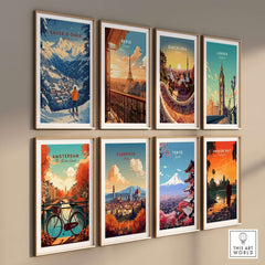 Sauze d'Oulx Ski Wall Art and cityscape prints displayed in modern frames on a stylish wall.