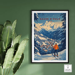 Sauze d'Oulx Ski Wall Art print featuring a skier in the mountains, perfect for adding adventure to any home decor.