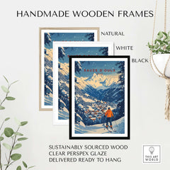 Handmade wooden frames in natural, white, and black, showcasing Sauze d'Oulx Ski Wall Art, sustainably sourced and ready to hang.