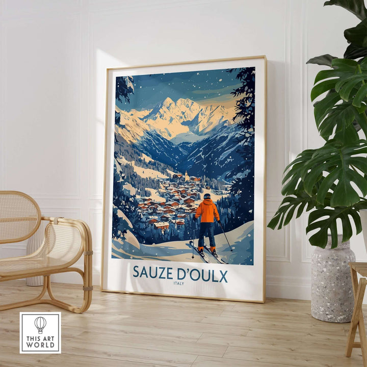 Sauze d'Oulx ski wall art poster featuring a skier overlooking the scenic Italian Alps, perfect for inspiring winter adventures.