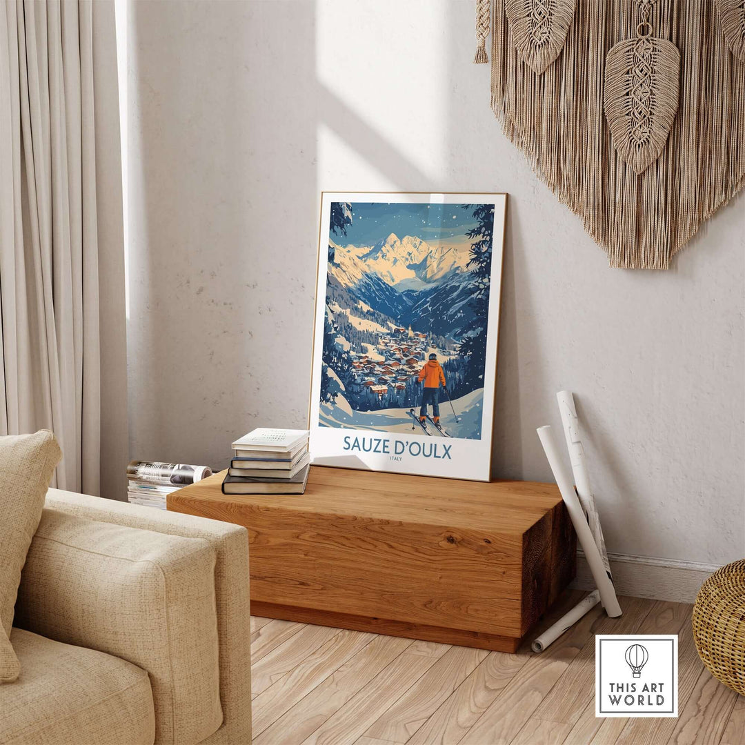 Sauze d'Oulx ski wall art poster displayed in a stylish living room, showcasing stunning mountain slopes and a vibrant atmosphere.