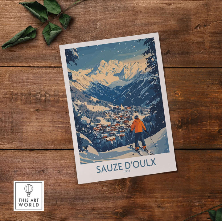 Sauze d'Oulx ski wall art poster featuring a skier overlooking the snowy Italian Alps and village, perfect for winter decor.