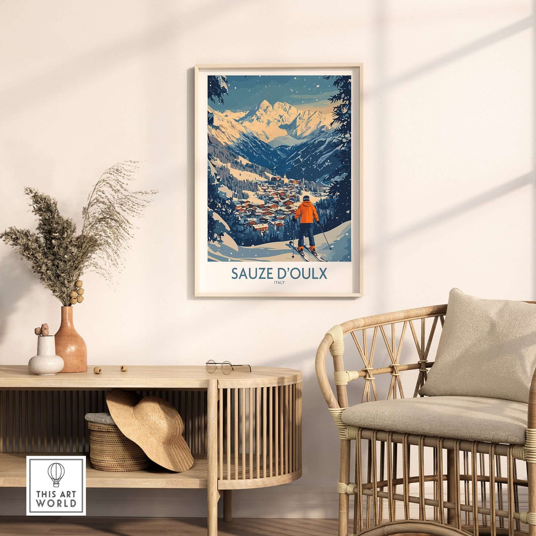 Sauze d'Oulx Ski wall art poster in a stylish room, showcasing vibrant slopes and snowy mountains in Italy.