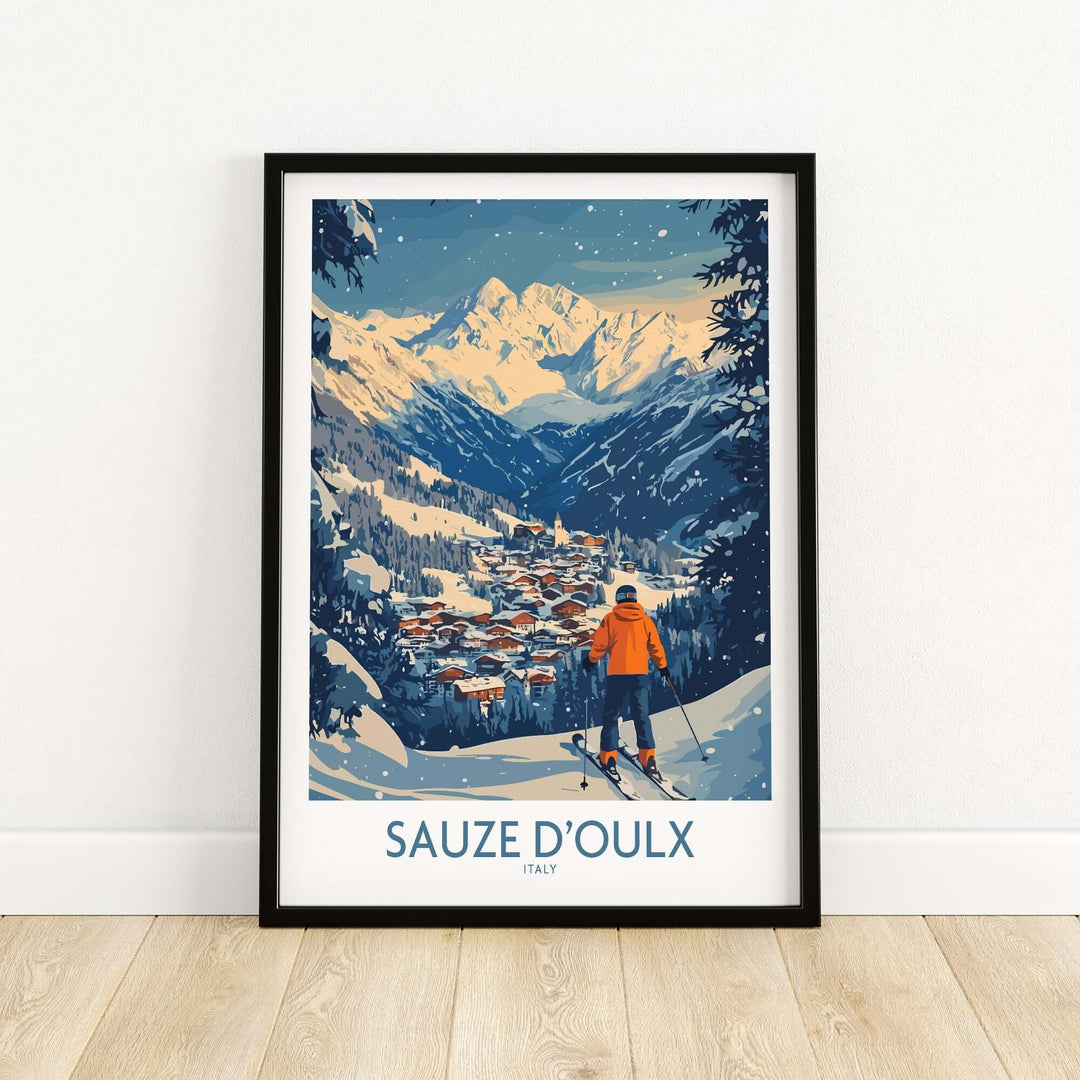 Sauze d'Oulx ski wall art poster showcasing a skier against stunning mountain scenery in Italy.