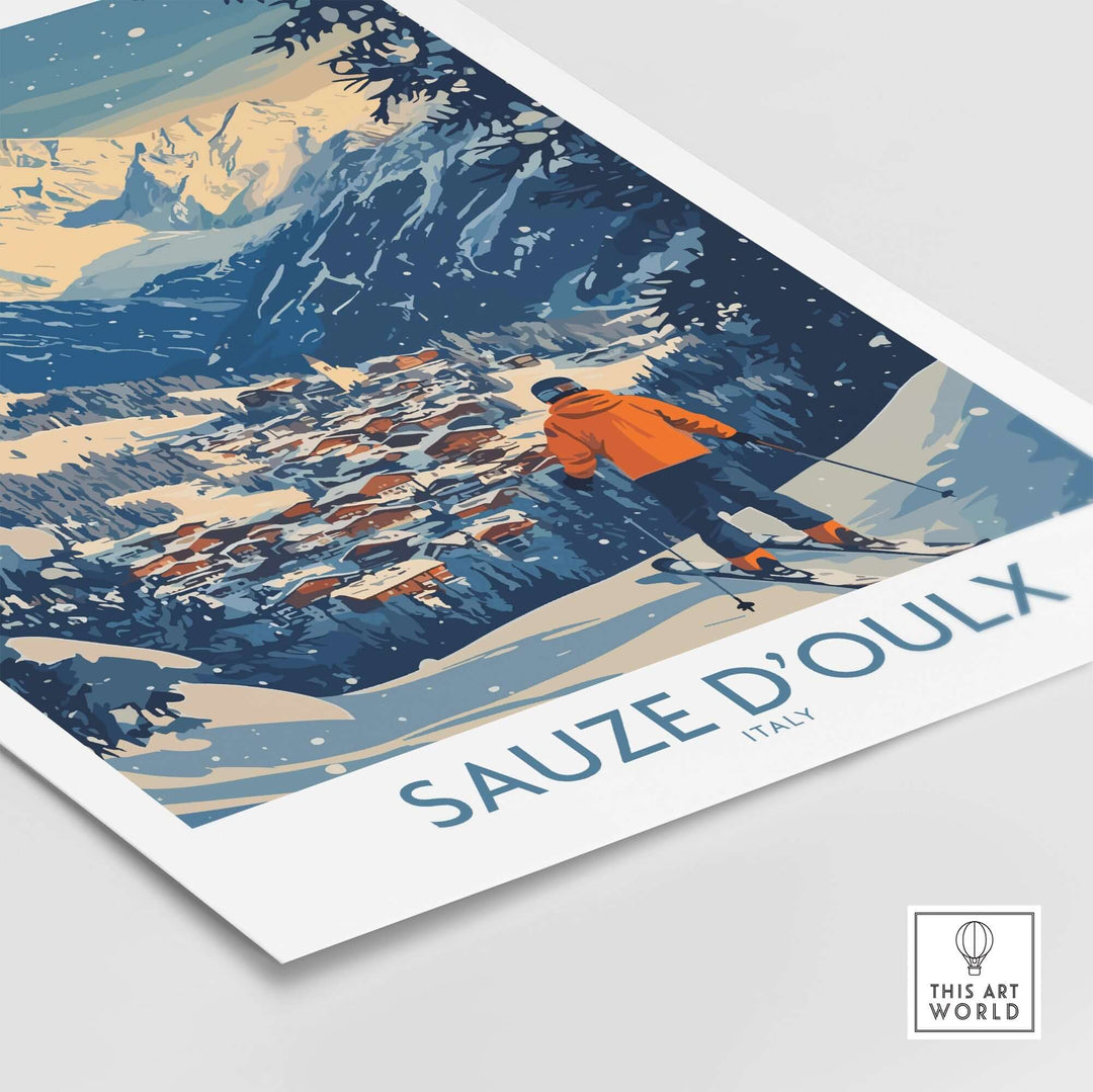 Sauze d'Oulx ski wall art poster featuring a skier overlooking the snowy slopes and picturesque village in Italy.