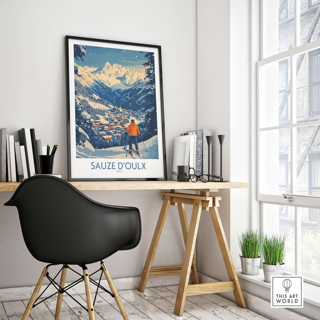 Sauze d'Oulx ski wall art poster displayed in a stylish interior setting, showcasing stunning mountain views and vibrant colors.