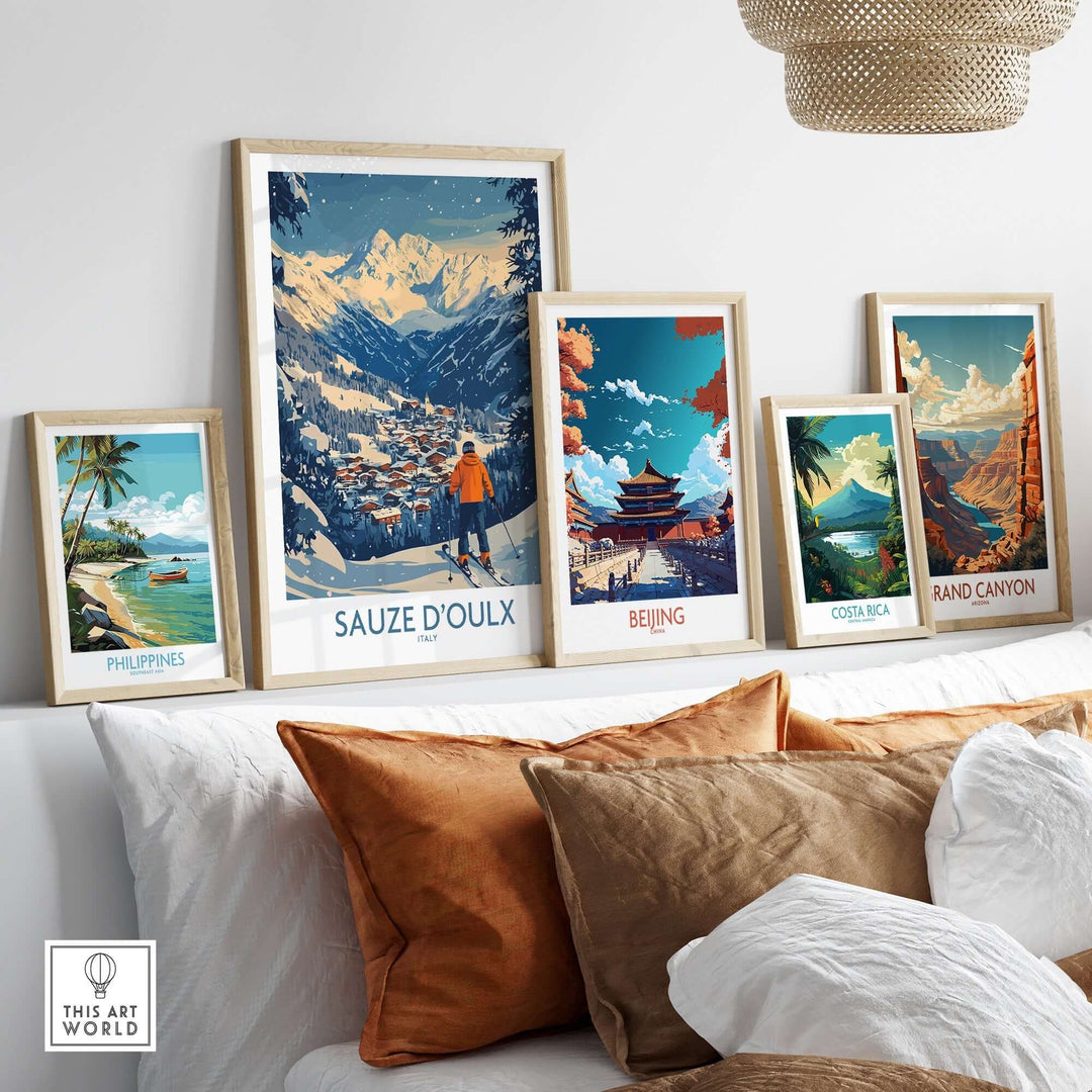 Vibrant wall art featuring Sauze d'Oulx ski poster among other travel destinations like Beijing and the Grand Canyon.