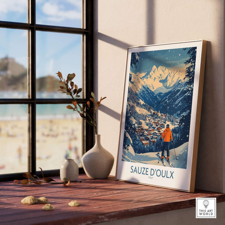 Sauze d'Oulx skiing wall art poster displayed in a cozy room with a scenic view. Perfect for ski enthusiasts and decor lovers.