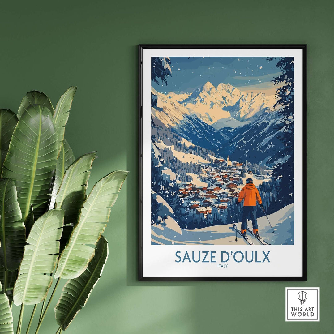 Sauze d'Oulx ski wall art poster featuring a skier with vibrant mountains and village scene in Italy. Perfect for ski lovers.