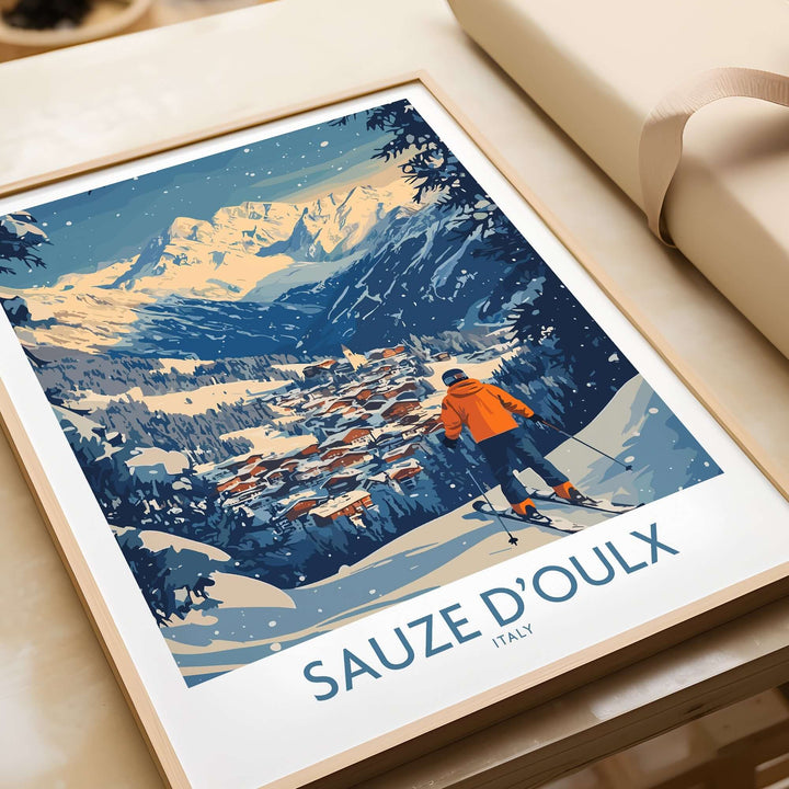 Sauze d'Oulx ski wall art poster showcasing a skier against stunning mountain scenery in Italy. In a natural wood frame.