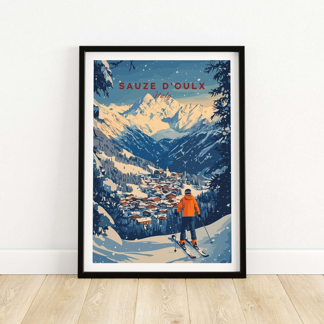 Sauze d'Oulx Ski Wall Art featuring a skier overlooking the mountains and village, perfect for adding adventure to any room.