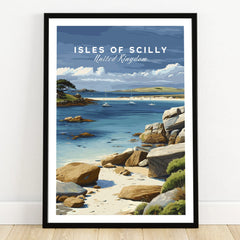Isles of Scilly Anchorage Travel Poster — art print in black frame on wooden floor