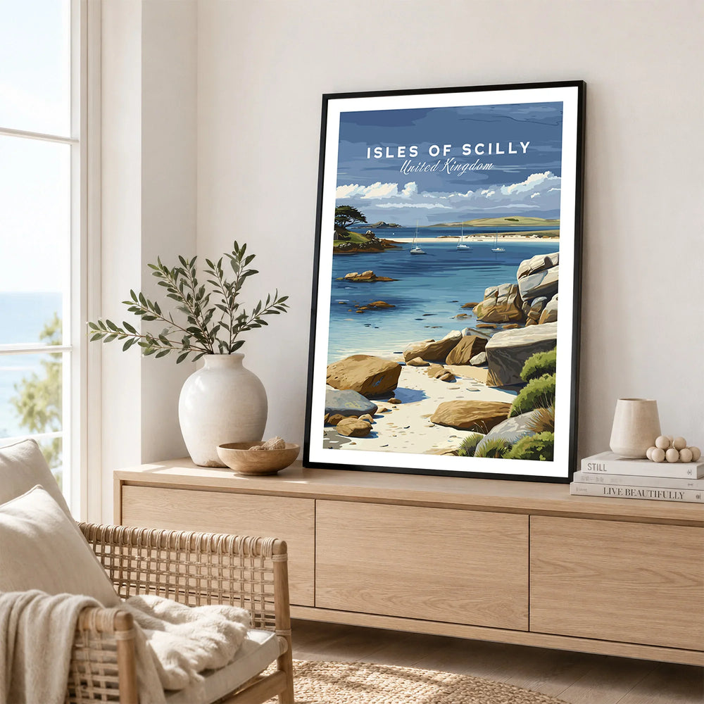 Isles of Scilly Anchorage Travel Poster — framed artwork living room lifestyle setting