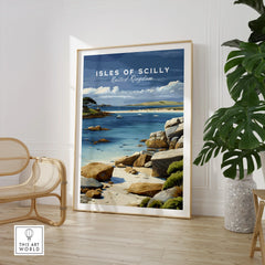 Isles of Scilly Anchorage Travel Poster — large framed print room setting chair plant