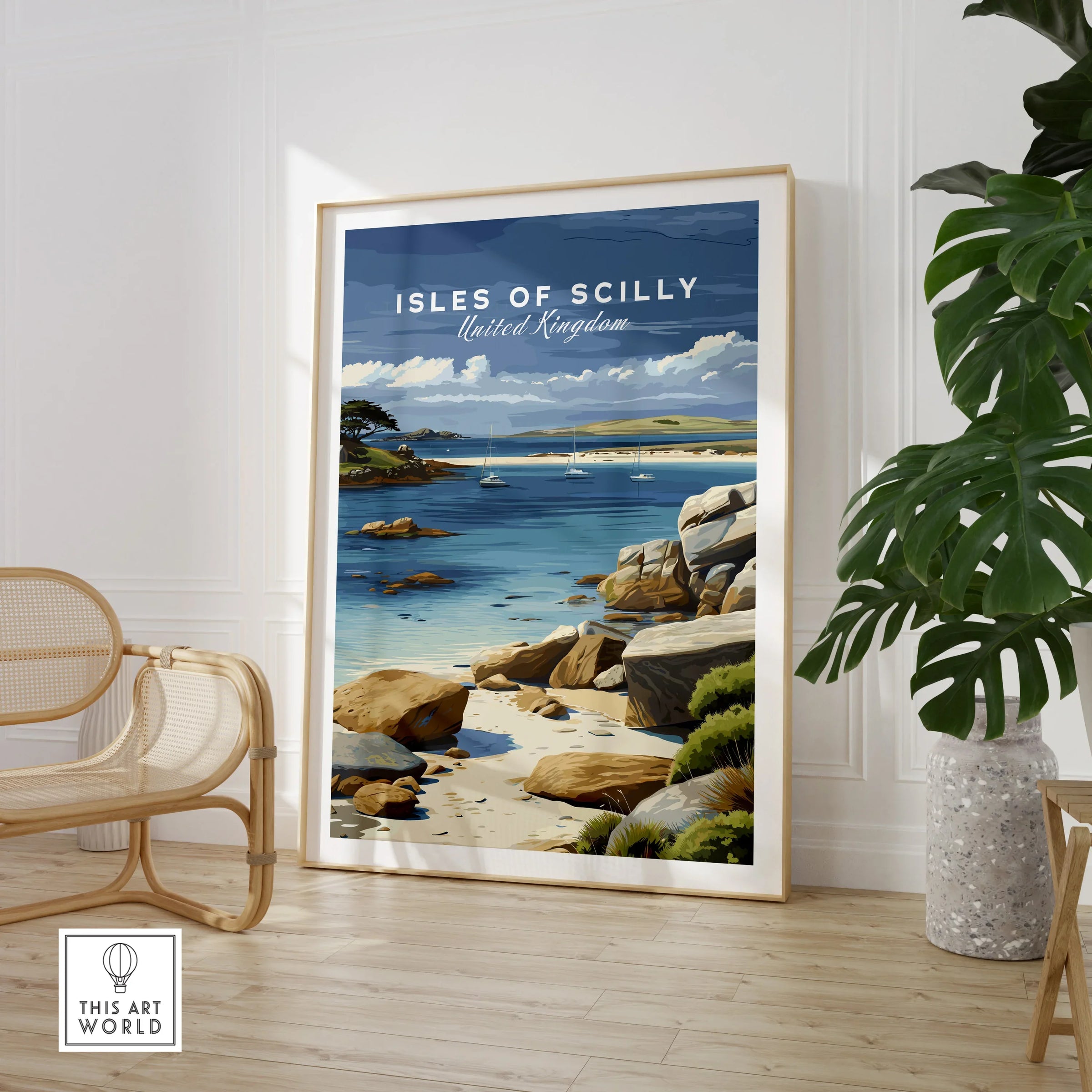 Isles of Scilly Anchorage Travel Poster — large framed print room setting chair plant