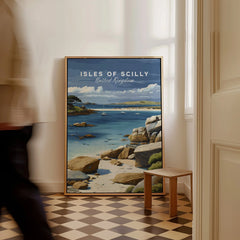 Isles of Scilly Anchorage Travel Poster — framed canvas on floor man walking past