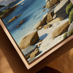 Isles of Scilly Anchorage Travel Poster — closeup framed canvas natural wood floating frame