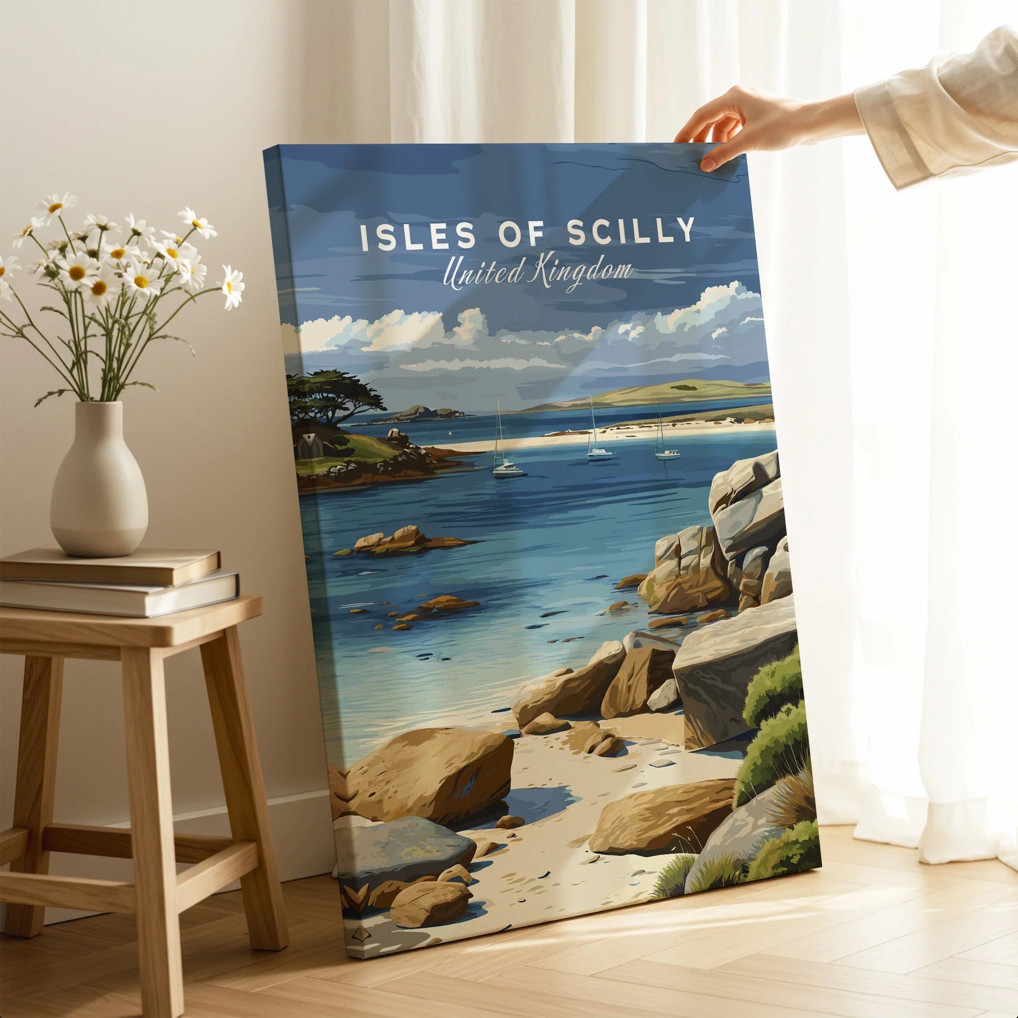 Isles of Scilly Anchorage Travel Poster — canvas print mirror edge hand holding room setting