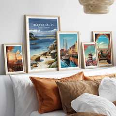 Isles of Scilly Anchorage Travel Poster — set five framed artprints above bed natural wood frames
