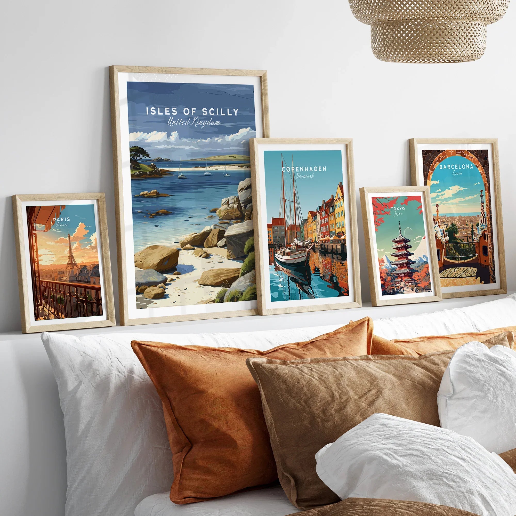Isles of Scilly Anchorage Travel Poster — set five framed artprints above bed natural wood frames