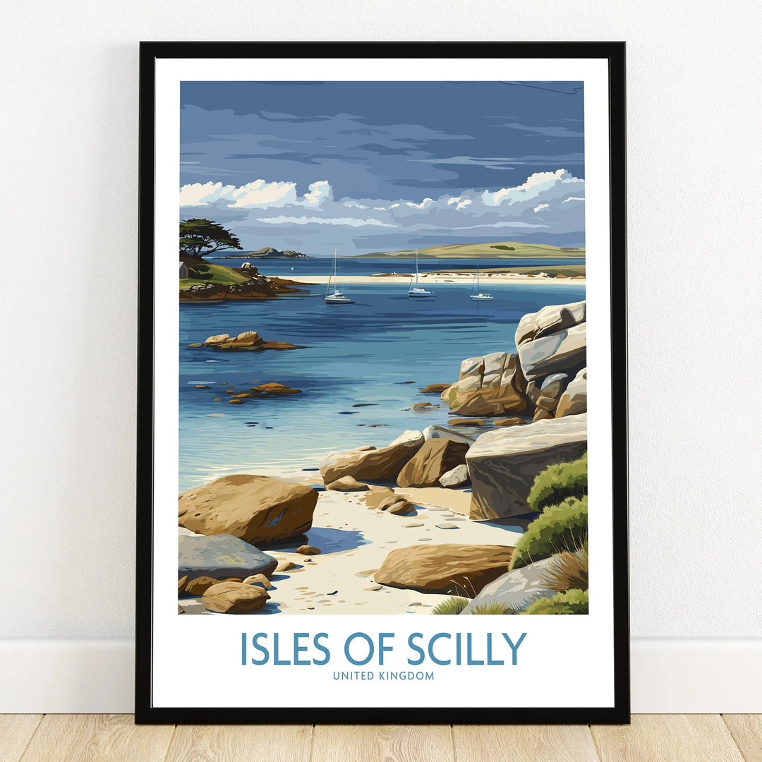 Isles of Scilly Yachts Wall Art — art print in black frame on wooden floor