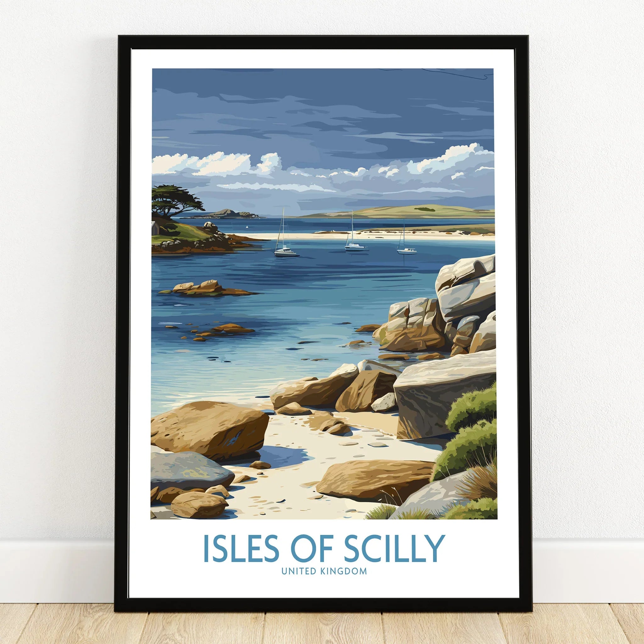 Isles of Scilly Yachts Wall Art — art print in black frame on wooden floor